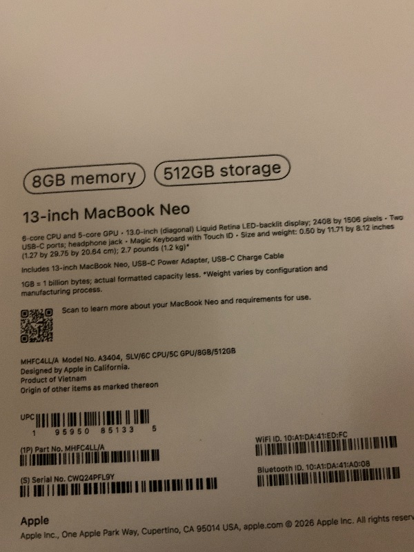 Photo 1 of Apple 2026 MacBook Neo 13-inch Laptop with A18 Pro chip: Built for AI and Apple Intelligence, Liquid Retina Display, 8GB Unified Memory, 512GB SSD Storage, 1080p FaceTime HD Camera, Touch ID; Silver