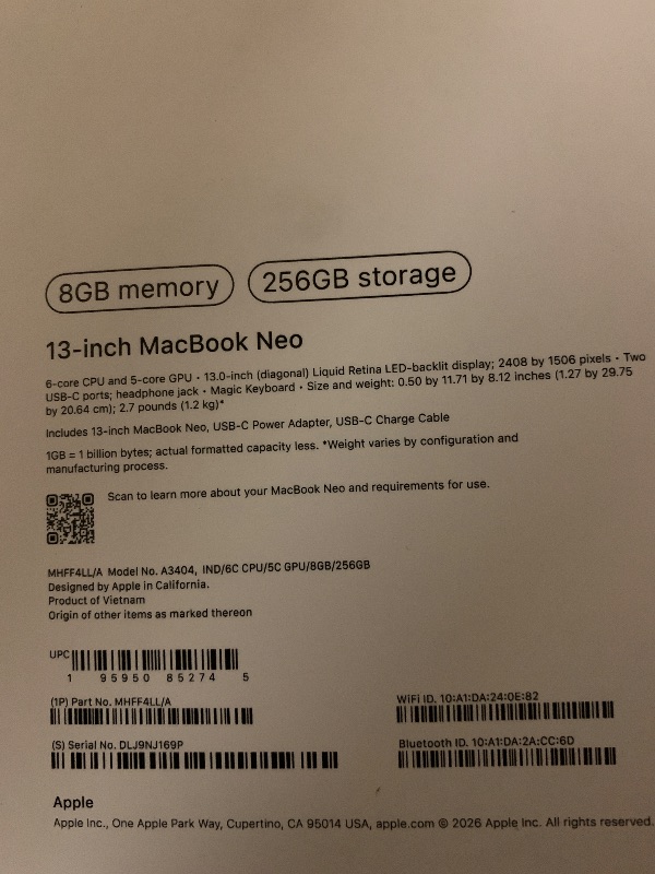 Photo 1 of Apple 2026 MacBook Neo 13-inch Laptop with A18 Pro chip: Built for AI and Apple Intelligence, Liquid Retina Display, 8GB Unified Memory, 256GB SSD Storage, 1080p FaceTime HD Camera; Indigo
