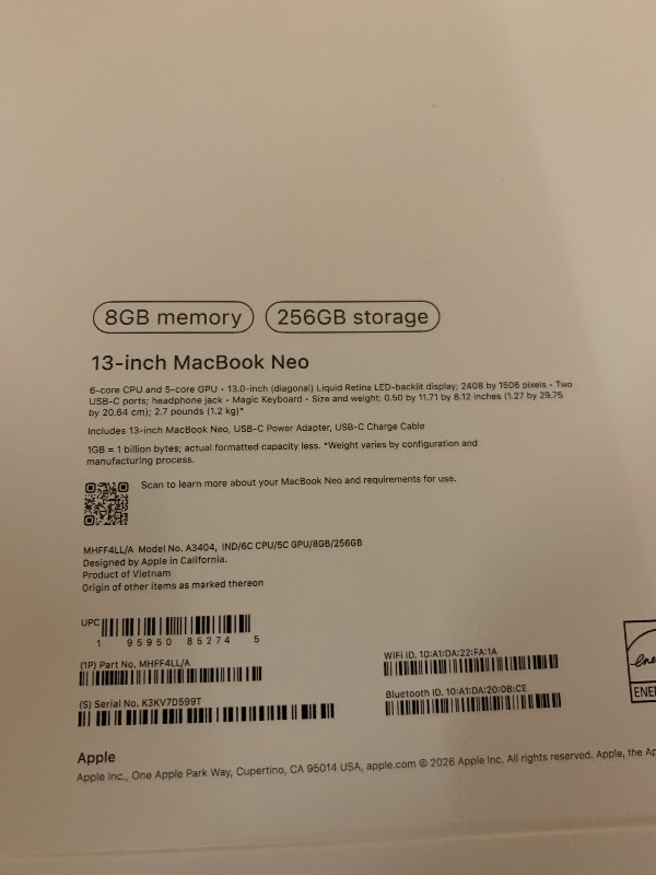 Photo 1 of Apple 2026 MacBook Neo 13-inch Laptop with A18 Pro chip: Built for AI and Apple Intelligence, Liquid Retina Display, 8GB Unified Memory, 256GB SSD Storage, 1080p FaceTime HD Camera; Indigo