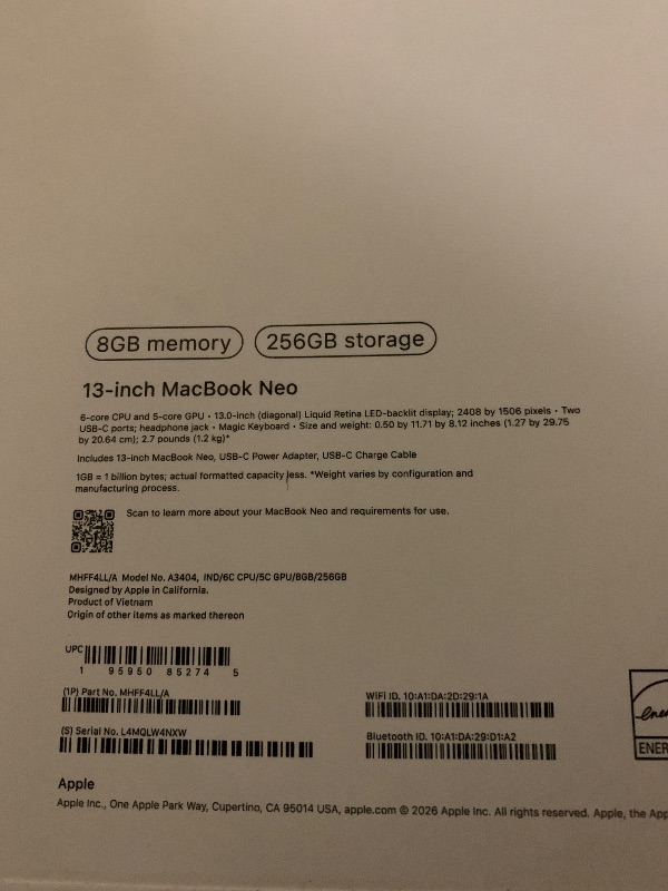 Photo 1 of Apple 2026 MacBook Neo 13-inch Laptop with A18 Pro chip: Built for AI and Apple Intelligence, Liquid Retina Display, 8GB Unified Memory, 256GB SSD Storage, 1080p FaceTime HD Camera; Indigo