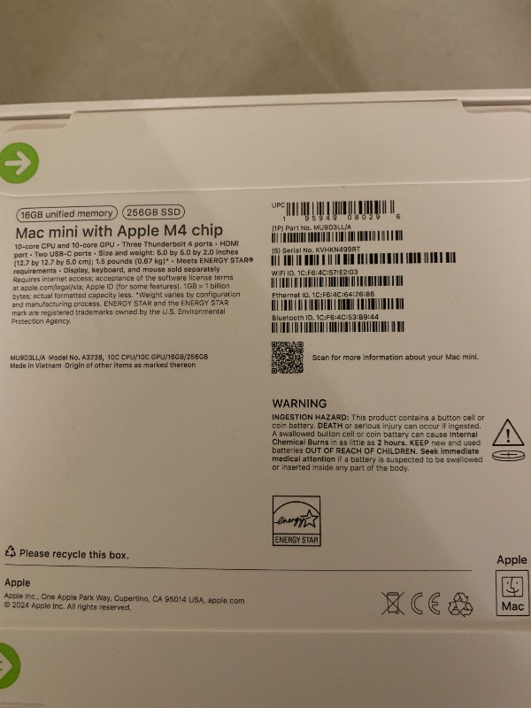 Photo 1 of Apple 2024 Mac mini Desktop Computer with M4 chip with 10?core CPU and 10?core GPU: Built for Apple Intelligence, 16GB Unified Memory, 256GB SSD Storage, Gigabit Ethernet. Works with iPhone/iPad