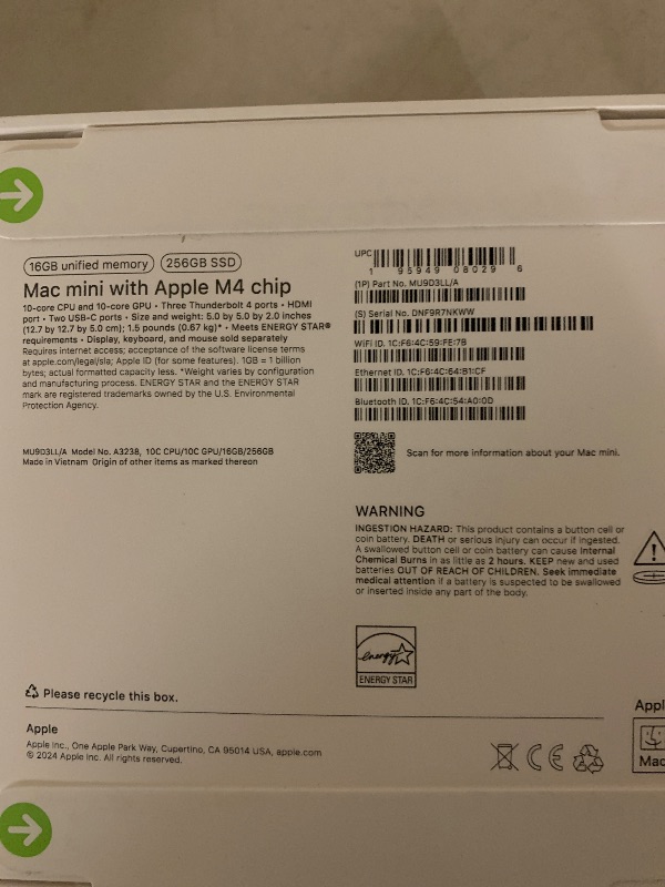 Photo 1 of Apple 2024 Mac mini Desktop Computer with M4 chip with 10?core CPU and 10?core GPU: Built for Apple Intelligence, 16GB Unified Memory, 256GB SSD Storage, Gigabit Ethernet. Works with iPhone/iPad
