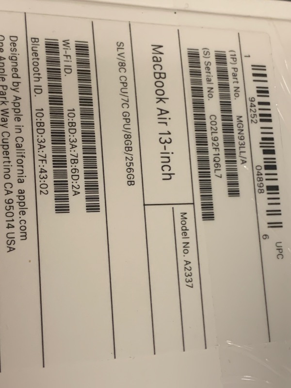 Photo 1 of 2020 Apple MacBook Air Laptop: Apple M1 Chip, 13” Retina Display, 8GB RAM, 256GB SSD Storage, Backlit Keyboard, FaceTime HD Camera, Touch ID. Works with iPhone/iPad; Silver