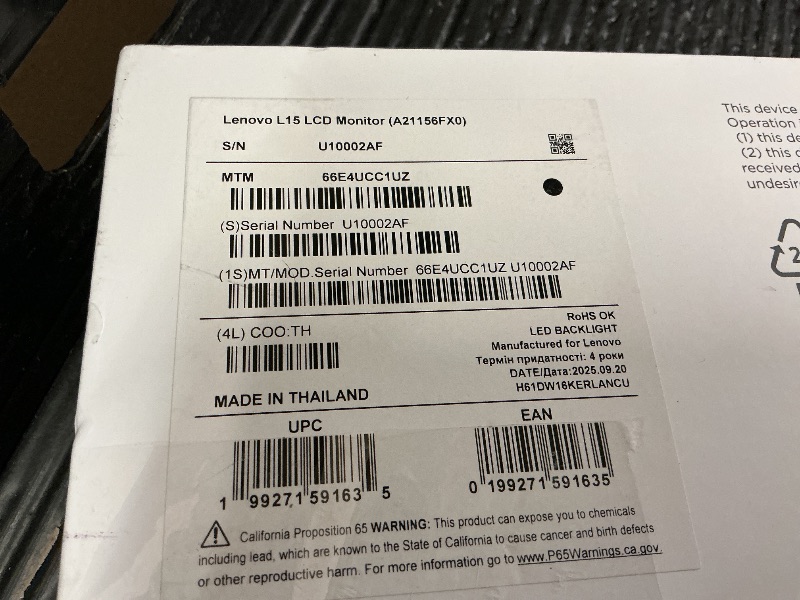 Photo 1 of Lenovo L15 Portable Monitor, 15.6” Display, Full HD Resolution, IPS Panel, 250 nits Brightness, 60Hz Refresh Rate, USB-C Ports, Height-Adjustable Stand, Flicker-Free Technology, Grey