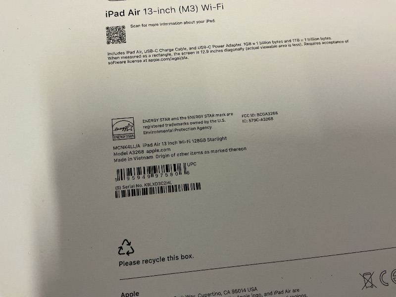 Photo 1 of Apple iPad Air 13-inch with M3 chip Built for Apple Intelligence, Liquid Retina Display, 128GB, 12MP Front/Back Camera, Wi-Fi 6E, Touch ID, All-Day Battery Life — Starlight