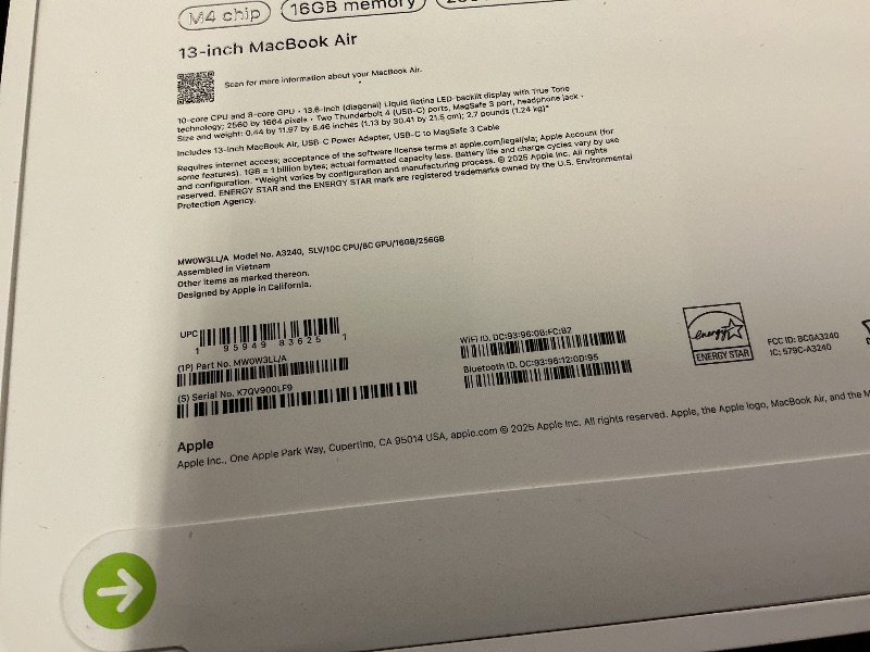 Photo 1 of Apple 2025 MacBook Air 13-inch Laptop with M4 chip: Built for Apple Intelligence, 13.6-inch Liquid Retina Display, 16GB Unified Memory, 256GB SSD Storage, 12MP Center Stage Camera, Touch ID; Silver