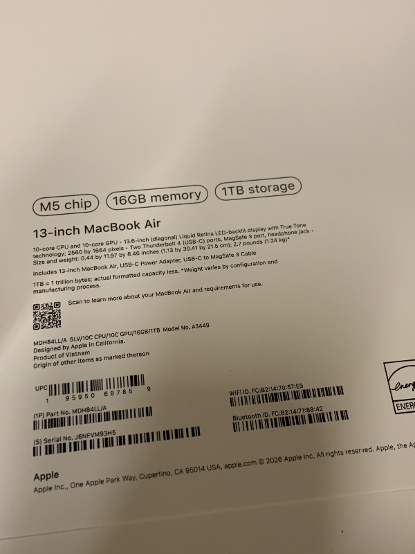 Photo 1 of Apple 2026 MacBook Air 13-inch Laptop with M5 chip: Built for AI, 13.6-inch Liquid Retina Display, 16GB Unified Memory, 1TB SSD, 12MP Center Stage Camera, Touch ID, Wi-Fi 7; Silver