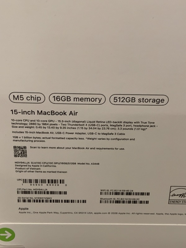 Photo 1 of Apple 2026 MacBook Air 15-inch Laptop with M5 chip: Built for AI, 15.3-inch Liquid Retina Display, 16GB Unified Memory, 512GB SSD, 12MP Center Stage Camera, Touch ID, Wi-Fi 7; Silver