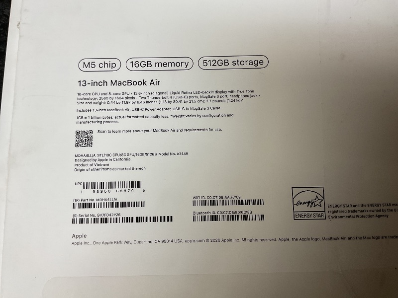 Photo 1 of Apple 2026 MacBook Air 13-inch Laptop with M5 chip: Built for AI, 13.6-inch Liquid Retina Display, 16GB Unified Memory, 1TB SSD, 12MP Center Stage Camera, Touch ID, Wi-Fi 7; Silver