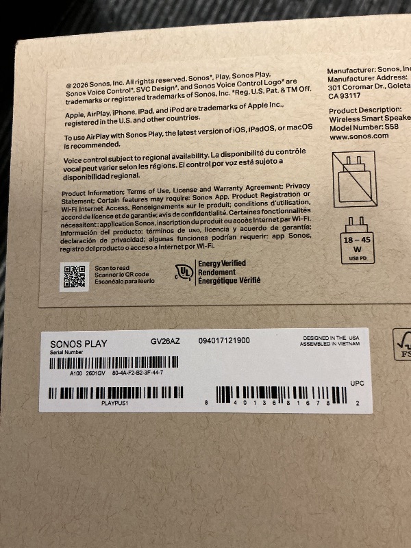 Photo 1 of FACTORY SEALED— Sonos Play - Portable Bluetooth Speaker with WiFi, Alexa, 24-Hour Battery Life, Charging Base - White