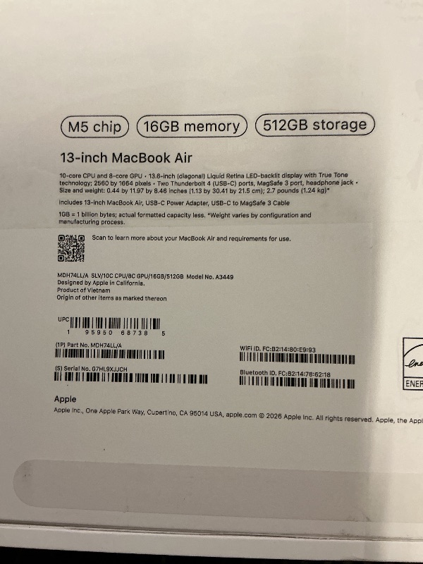 Photo 1 of Apple 2026 MacBook Air 13-inch Laptop with M5 chip: Built for AI, 13.6-inch Liquid Retina Display, 16GB Unified Memory, 512GB SSD, 12MP Center Stage Camera, Touch ID, Wi-Fi 7; Silver