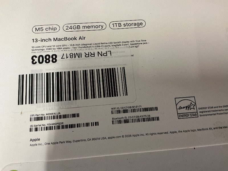 Photo 1 of Apple 2026 MacBook Air 13-inch Laptop with M5 chip: Built for AI, 13.6-inch Liquid Retina Display, 24GB Unified Memory, 1TB SSD, 12MP Center Stage Camera, Touch ID, Wi-Fi 7; Sky Blue