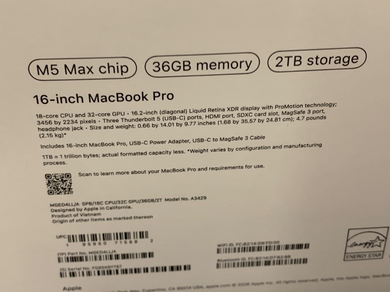 Photo 1 of Apple 2026 MacBook Pro Laptop with Apple M5 Max chip with 18-core CPU and 32-core GPU: Built for AI, 16.2-inch Liquid Retina XDR Display, 36GB Unified Memory, 2TB SSD, Wi-Fi 7; Space Black