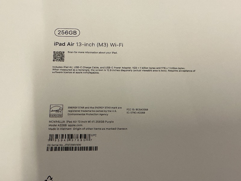 Photo 1 of Apple iPad Air 13-inch with M3 chip Built for Apple Intelligence, Liquid Retina Display, 256GB, 12MP Front/Back Camera, Wi-Fi 6E, Touch ID, All-Day Battery Life — Purple