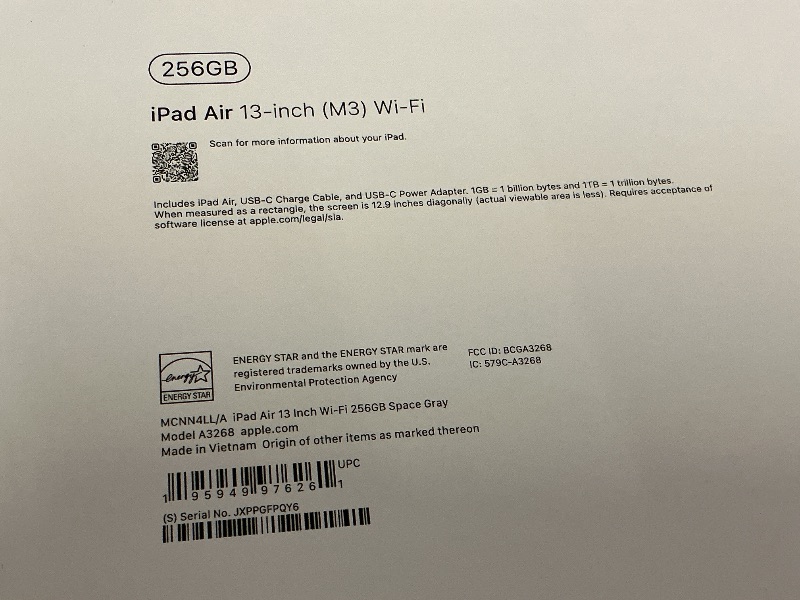 Photo 1 of Apple iPad Air 13-inch with M3 chip Built for Apple Intelligence, Liquid Retina Display, 256GB, 12MP Front/Back Camera, Wi-Fi 6E, Touch ID, All-Day Battery Life — Space Gray