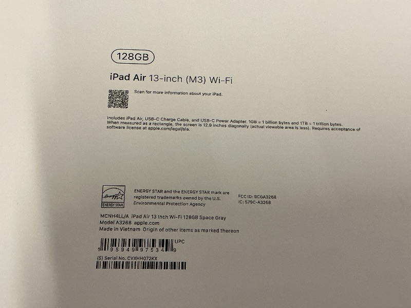 Photo 1 of Apple iPad Air 13-inch with M3 chip Built for Apple Intelligence, Liquid Retina Display, 128GB, 12MP Front/Back Camera, Wi-Fi 6E, Touch ID, All-Day Battery Life — Space Gray
