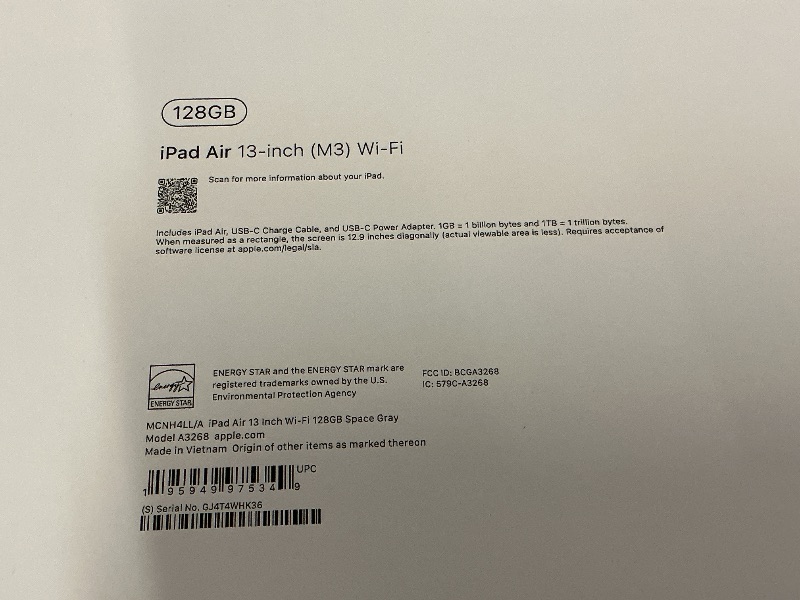 Photo 1 of Apple iPad Air 13-inch with M3 chip Built for Apple Intelligence, Liquid Retina Display, 128GB, 12MP Front/Back Camera, Wi-Fi 6E, Touch ID, All-Day Battery Life — Space Gray