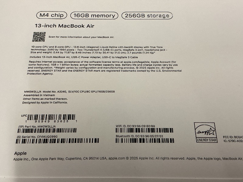 Photo 1 of Apple 2025 MacBook Air 13-inch Laptop with M4 chip: Built for Apple Intelligence, 13.6-inch Liquid Retina Display, 16GB Unified Memory, 256GB SSD Storage, 12MP Center Stage Camera, Touch ID; Silver