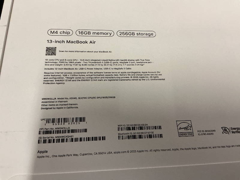 Photo 1 of Apple 2025 MacBook Air 13-inch Laptop with M4 chip: Built for Apple Intelligence, 13.6-inch Liquid Retina Display, 16GB Unified Memory, 256GB SSD Storage, 12MP Center Stage Camera, Touch ID; Silver
