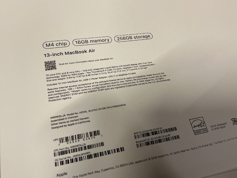 Photo 1 of Apple 2025 MacBook Air 13-inch Laptop with M4 chip: Built for Apple Intelligence, 13.6-inch Liquid Retina Display, 16GB Unified Memory, 256GB SSD Storage, 12MP Center Stage Camera, Touch ID; Silver