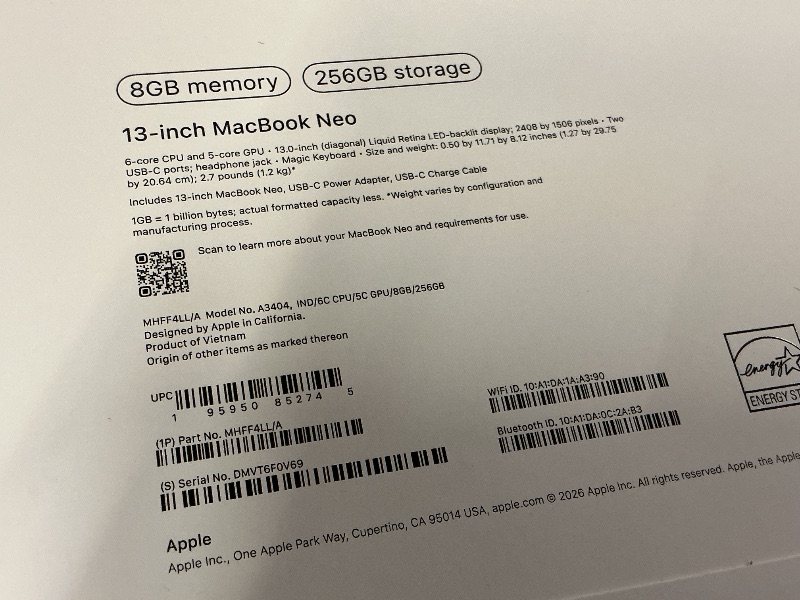 Photo 1 of Apple 2026 MacBook Neo 13-inch Laptop with A18 Pro chip: Built for AI and Apple Intelligence, Liquid Retina Display, 8GB Unified Memory, 256GB SSD Storage, 1080p FaceTime HD Camera; Indigo