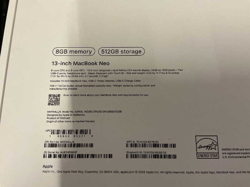 Photo 1 of Apple 2026 MacBook Neo 13-inch Laptop with A18 Pro chip: Built for AI and Apple Intelligence, Liquid Retina Display, 8GB Unified Memory, 512GB SSD Storage, 1080p FaceTime HD Camera, Touch ID; Indigo