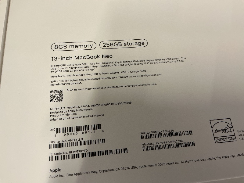 Photo 1 of Apple 2026 MacBook Neo 13-inch Laptop with A18 Pro chip: Built for AI and Apple Intelligence, Liquid Retina Display, 8GB Unified Memory, 256GB SSD Storage, 1080p FaceTime HD Camera; Indigo