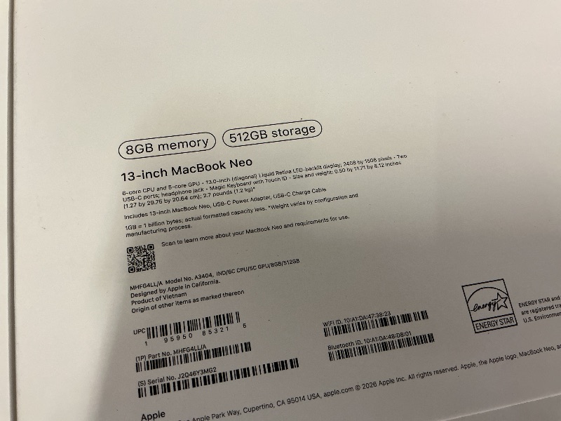 Photo 1 of Apple 2026 MacBook Neo 13-inch Laptop with A18 Pro chip: Built for AI and Apple Intelligence, Liquid Retina Display, 8GB Unified Memory, 512GB SSD Storage, 1080p FaceTime HD Camera, Touch ID; Indigo