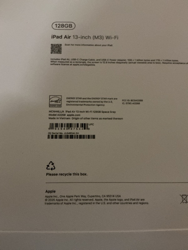 Photo 1 of Apple iPad Air 13-inch with M3 chip Built for Apple Intelligence, Liquid Retina Display, 128GB, 12MP Front/Back Camera, Wi-Fi 6E, Touch ID, All-Day Battery Life — Space Gray