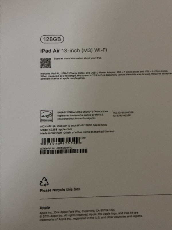 Photo 1 of Apple iPad Air 13-inch with M3 chip Built for Apple Intelligence, Liquid Retina Display, 128GB, 12MP Front/Back Camera, Wi-Fi 6E, Touch ID, All-Day Battery Life — Space Gray