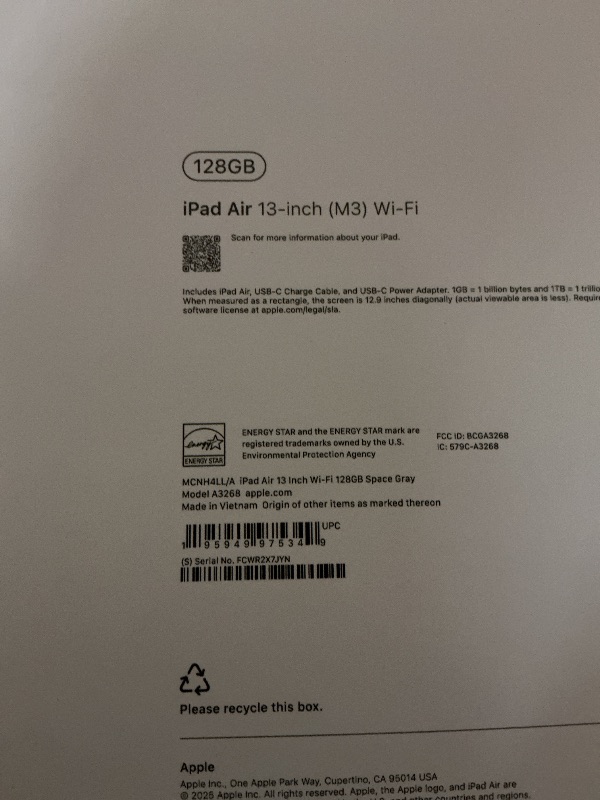 Photo 1 of Apple iPad Air 13-inch with M3 chip Built for Apple Intelligence, Liquid Retina Display, 128GB, 12MP Front/Back Camera, Wi-Fi 6E, Touch ID, All-Day Battery Life — Space Gray