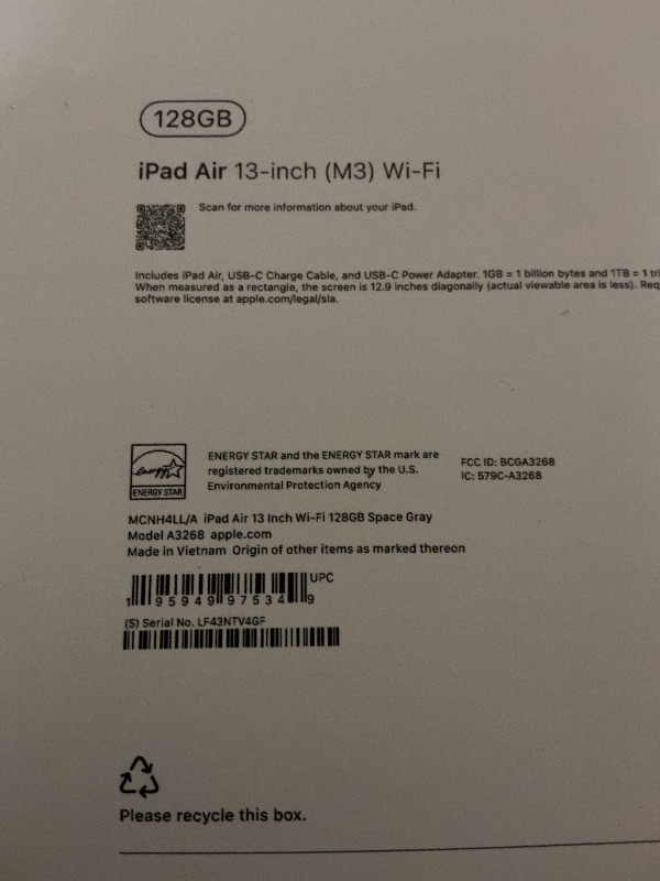 Photo 1 of Apple iPad Air 13-inch with M3 chip Built for Apple Intelligence, Liquid Retina Display, 128GB, 12MP Front/Back Camera, Wi-Fi 6E, Touch ID, All-Day Battery Life — Space Gray