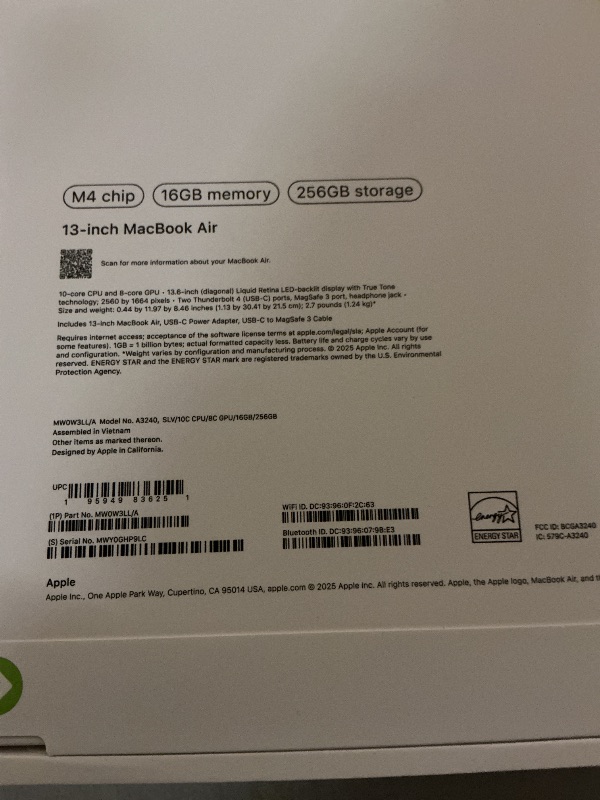 Photo 1 of Apple 2025 MacBook Air 13-inch Laptop with M4 chip: Built for Apple Intelligence, 13.6-inch Liquid Retina Display, 16GB Unified Memory, 256GB SSD Storage, 12MP Center Stage Camera, Touch ID; Silver