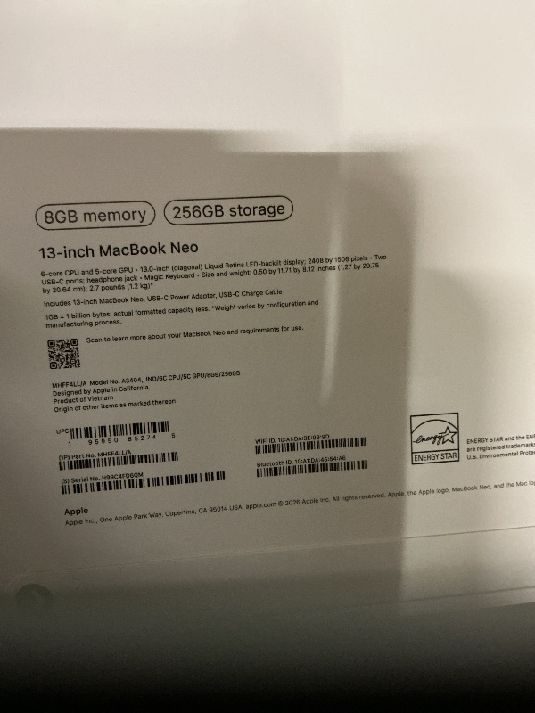 Photo 1 of Apple 2026 MacBook Neo 13-inch Laptop with A18 Pro chip: Built for AI and Apple Intelligence, Liquid Retina Display, 8GB Unified Memory, 256GB SSD Storage, 1080p FaceTime HD Camera; Indigo