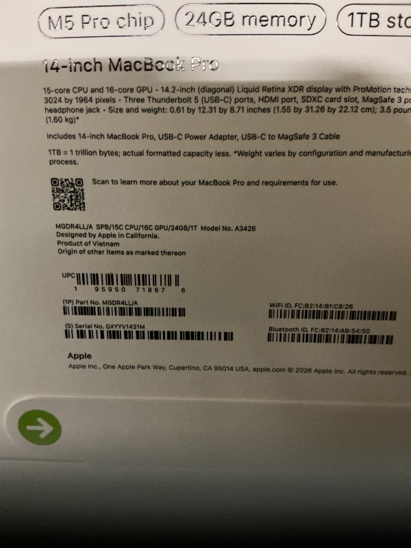 Photo 1 of MAC HAS PASSWORD, UNKNOWN PASSWORD**************Apple 2026 MacBook Pro Laptop with Apple M5 Pro chip with 15-core CPU and 16-core GPU: Built for AI, 14.2-inch Liquid Retina XDR Display, 24GB Unified Memory, 1TB SSD, Wi-Fi 7; Space Black