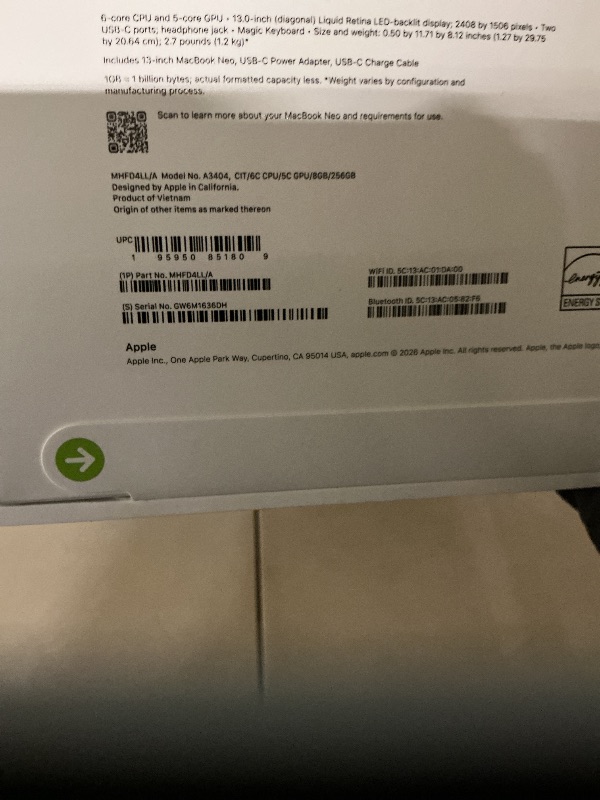 Photo 1 of Apple 2026 MacBook Neo 13-inch Laptop with A18 Pro chip: Built for AI and Apple Intelligence, Liquid Retina Display, 8GB Unified Memory, 256GB SSD Storage, 1080p FaceTime HD Camera; Citrus