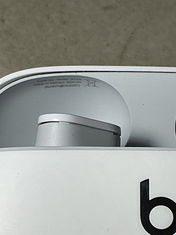 Photo 1 of Beats Studio Buds - True Wireless Noise Cancelling Earbuds - Compatible with Apple & Android, Built-in Microphone, IPX4 Rating, Sweat Resistant Earphones, Class 1 Bluetooth Headphones - White *no charger*