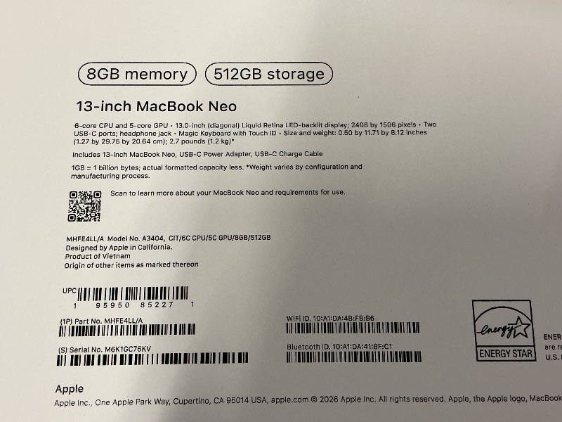 Photo 1 of Apple 2026 MacBook Neo 13-inch Laptop with A18 Pro chip: Built for AI and Apple Intelligence, Liquid Retina Display, 8GB Unified Memory, 512GB SSD Storage, 1080p FaceTime HD Camera, Touch ID; Citrus