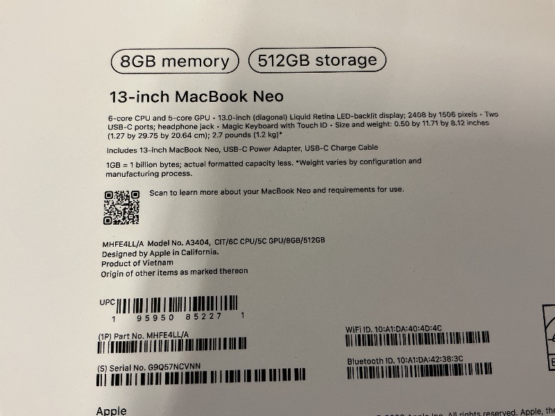 Photo 1 of Apple 2026 MacBook Neo 13-inch Laptop with A18 Pro chip: Built for AI and Apple Intelligence, Liquid Retina Display, 8GB Unified Memory, 512GB SSD Storage, 1080p FaceTime HD Camera, Touch ID; Citrus