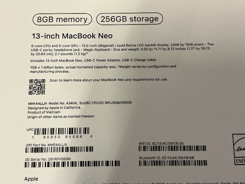 Photo 1 of Apple 2026 MacBook Neo 13-inch Laptop with A18 Pro chip: Built for AI and Apple Intelligence, Liquid Retina Display, 8GB Unified Memory, 256GB SSD Storage, 1080p FaceTime HD Camera; Silver