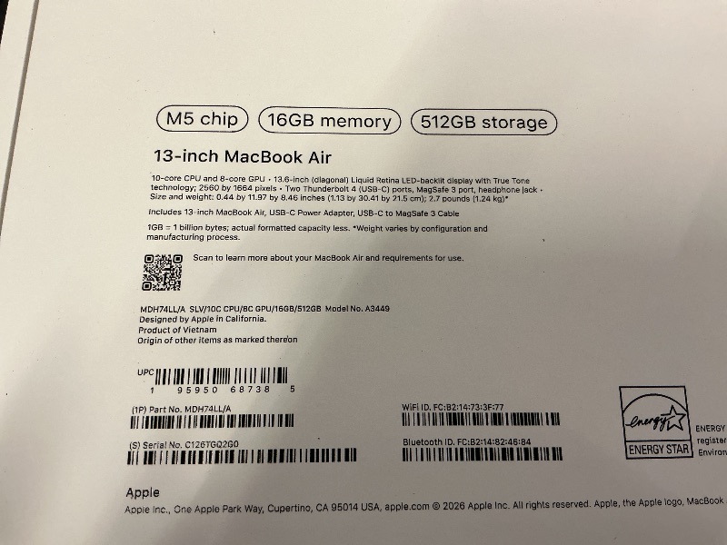 Photo 1 of Apple 2026 MacBook Air 13-inch Laptop with M5 chip: Built for AI, 13.6-inch Liquid Retina Display, 16GB Unified Memory, 512GB SSD, 12MP Center Stage Camera, Touch ID, Wi-Fi 7; Silver