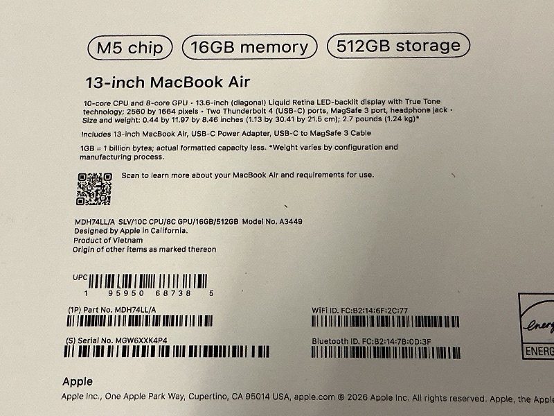 Photo 1 of Apple 2026 MacBook Air 13-inch Laptop with M5 chip: Built for AI, 13.6-inch Liquid Retina Display, 16GB Unified Memory, 512GB SSD, 12MP Center Stage Camera, Touch ID, Wi-Fi 7; Silver