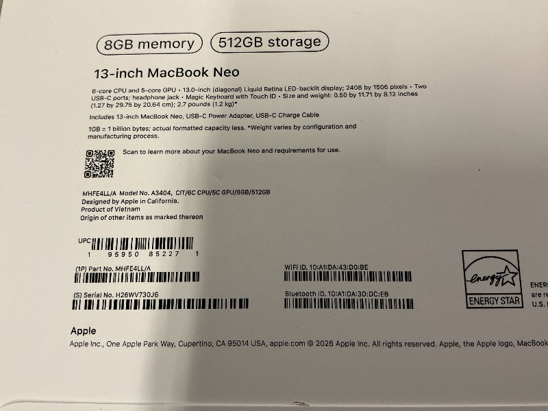 Photo 1 of Apple 2026 MacBook Neo 13-inch Laptop with A18 Pro chip: Built for AI and Apple Intelligence, Liquid Retina Display, 8GB Unified Memory, 512GB SSD Storage, 1080p FaceTime HD Camera, Touch ID; Citrus
