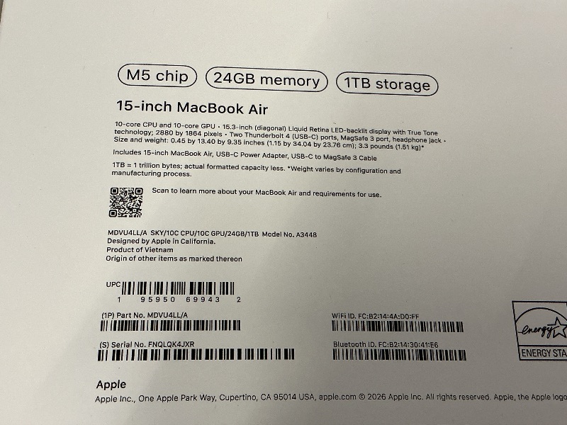 Photo 1 of Apple 2026 MacBook Air 15-inch Laptop with M5 chip: Built for AI, 15.3-inch Liquid Retina Display, 24GB Unified Memory, 1TB SSD, 12MP Center Stage Camera, Touch ID, Wi-Fi 7; Sky Blue