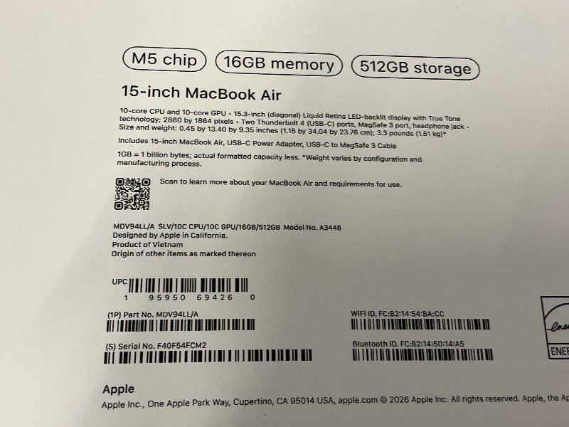 View 2 of Apple 2026 MacBook Air 15-inch Laptop with M5 chip: Built for AI, 15.3-inch Liquid Retina Display, 16GB Unified Memory, 512GB SSD, 12MP Center Stage Camera, Touch ID, Wi-Fi 7; Silver