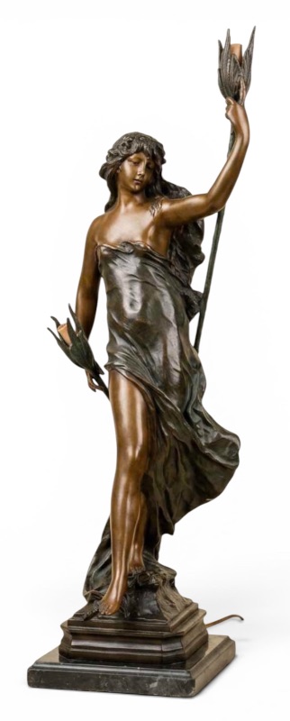 Photo 1 of RARE HEAVY FRENCH ART NOUVEAU BRONZE FIGURAL "LIGHT SCULPTURE" SIGNED BY FRENCH SCULPTOR AUGUSTE MOREAU H35" (1934-1917)