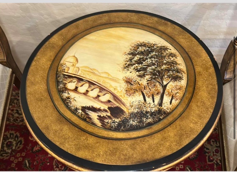 Photo 1 of VINTAGE ITALIAN HAND PAINTED ACCENT TABLE W LANDSCAPE MEDALLION & FLORAL APRON CARVED PEDESTAL BASE & 2 MATCHING CHAIRS D22“ x H25.5“