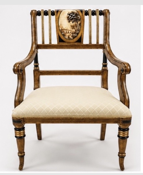 Photo 1 of VINTAGE ITALIAN HAND PAINTED ACCENT TABLE W LANDSCAPE MEDALLION & FLORAL APRON CARVED PEDESTAL BASE & 2 MATCHING CHAIRS D22“ x H25.5“