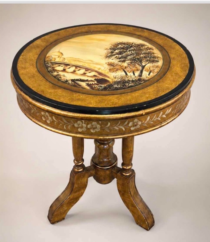 Photo 1 of VINTAGE ITALIAN HAND PAINTED ACCENT TABLE W LANDSCAPE MEDALLION & FLORAL APRON CARVED PEDESTAL BASE & 2 MATCHING CHAIRS D22“ x H25.5“