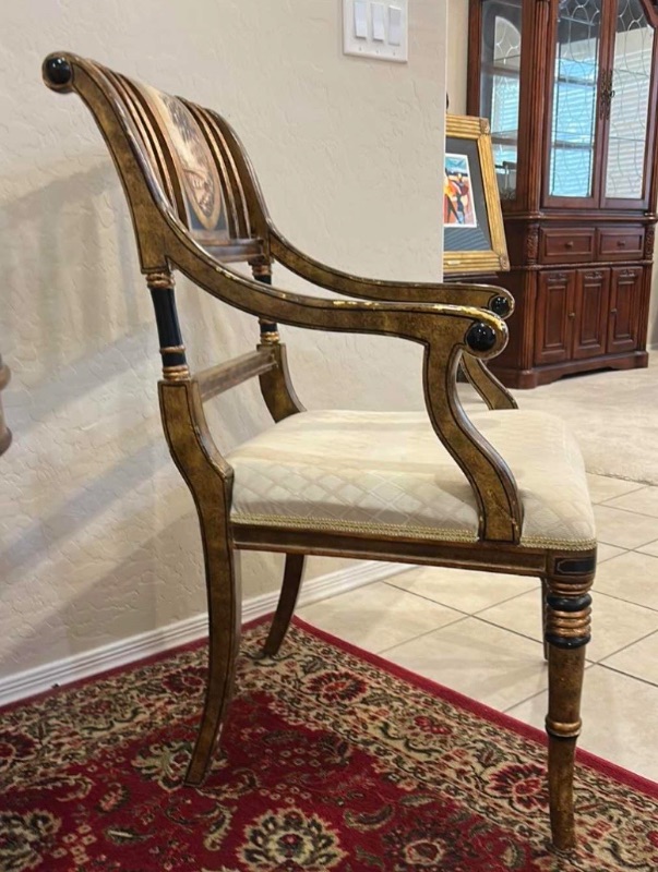 Photo 1 of VINTAGE ITALIAN HAND PAINTED ACCENT TABLE W LANDSCAPE MEDALLION & FLORAL APRON CARVED PEDESTAL BASE & 2 MATCHING CHAIRS D22“ x H25.5“